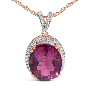 14K Rose Gold Vermeil Sterling Silver 1/5 Cttw Diamond Pink Quartz Oval Pendant Necklace
