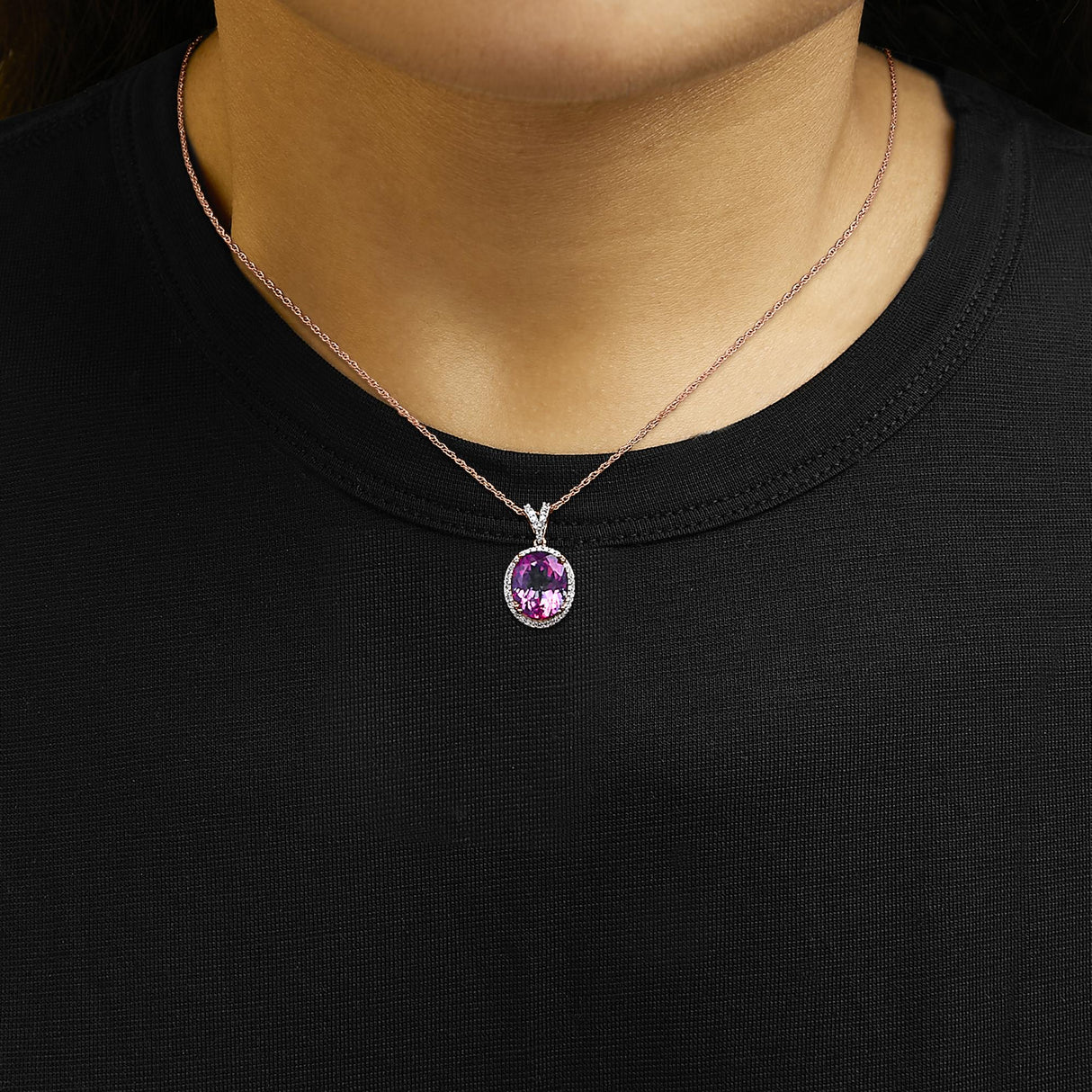 14K Rose Gold Vermeil Sterling Silver 1/5 Cttw Diamond Pink Quartz Oval Pendant Necklace