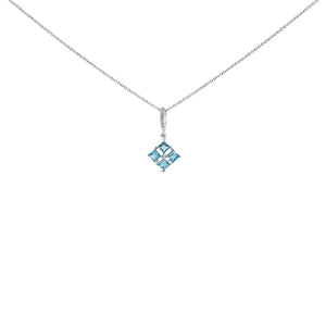 Sterling Silver Blue Topaz and White Sapphire Square Motif Pendant Necklace 18 Inch
