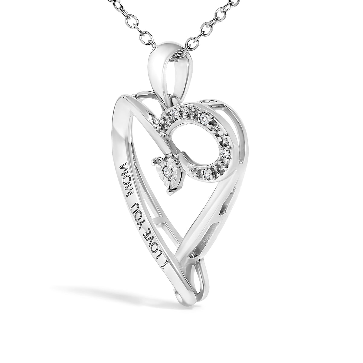 .925 Sterling Silver Diamond Accent "I LOVE YOU MOM" Heart Pendant Necklace (J-K Color, I2-I3 Clarity) - 18" Inches