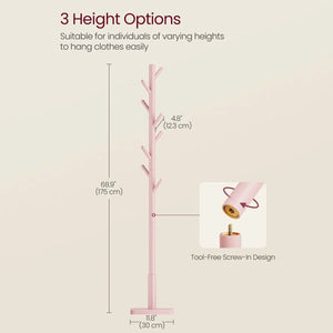 Modern Solid Wood Coat Rack Entryway Hall Tree Hat Stand in Pink