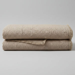 DaDa Bedding Elegant Fringed Cotton Quilted Throw Blanket - Luxurious Solid Soft Paisley Pattern, Cozy Lightweight Lap Throw, Perfect for Couch or Bed, Neutral Sandy Taupe Tan Beige, 50x60 Inches