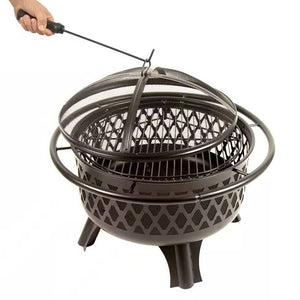 30-inch Black Steel Outdoor Fire Pit Grill with Screen and Poker