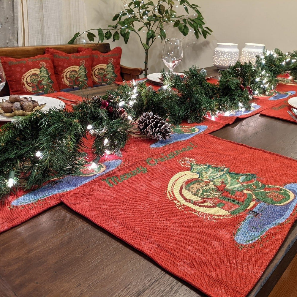 DaDa Bedding Set of 8 Pieces Red Santa Claus Holiday Table Tapestry - 4 Placemats, 2 Table Runners, 2 Throw Pillow Covers (17615)