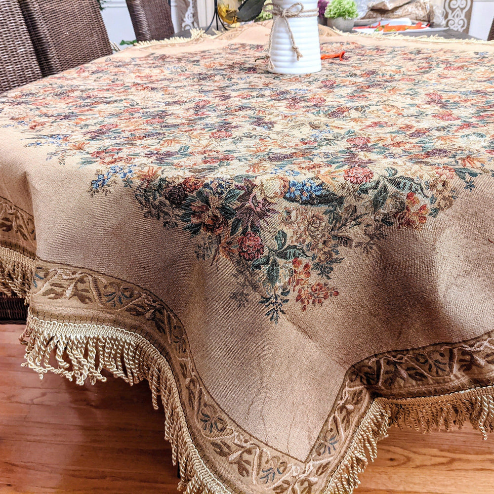 DaDa Bedding Wildflower Wonderland Floral Golden Beige Tan Square Dining Table Cloth (3100)