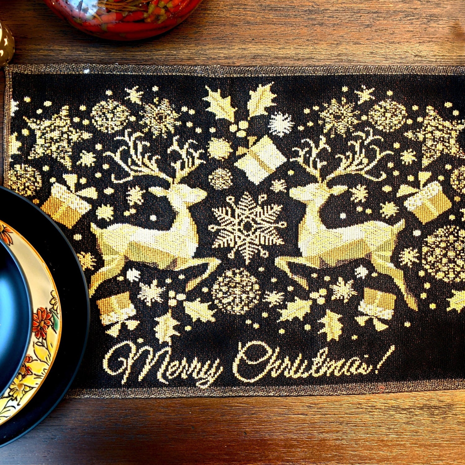 Set of 4-Pieces Magical Golden Reindeer Woven Tapestry Dining Table Placemats 13” x 19”