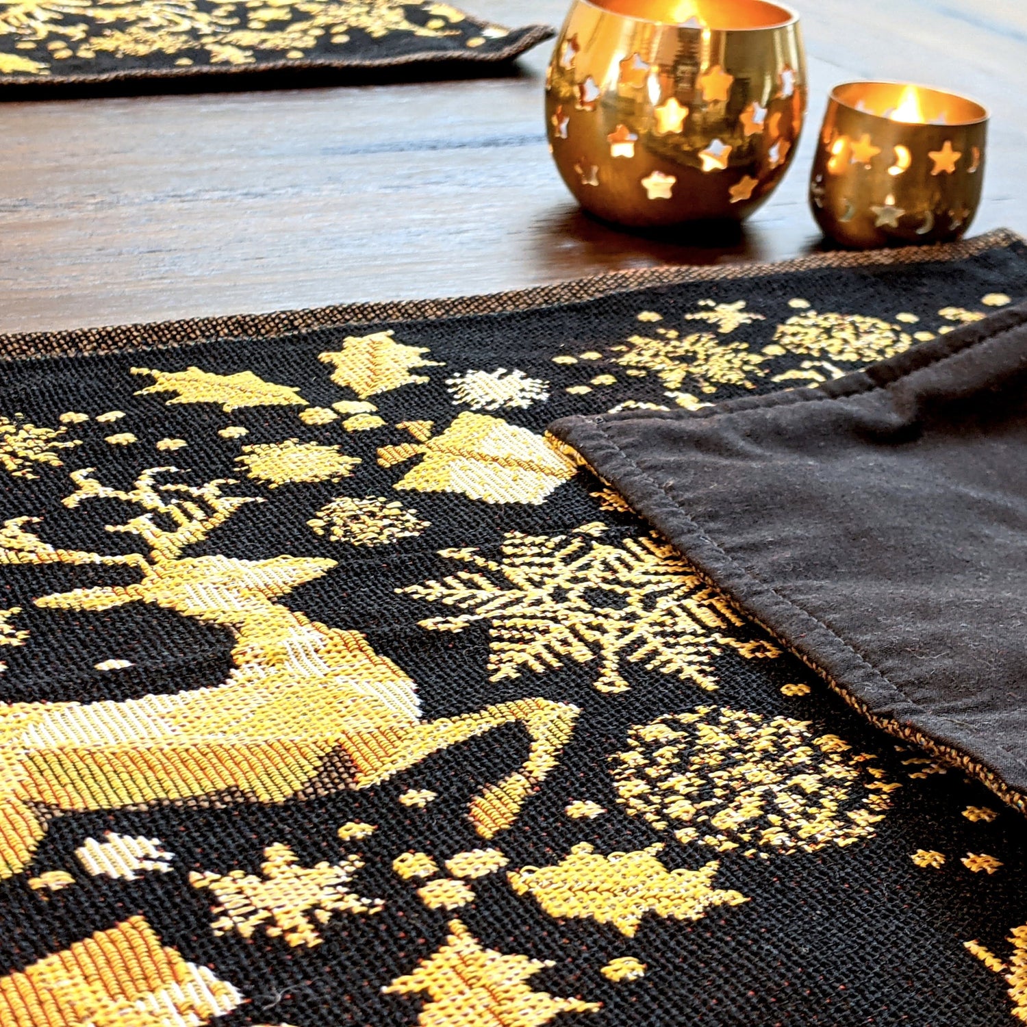 Set of 4-Pieces Magical Golden Reindeer Woven Tapestry Dining Table Placemats 13” x 19”