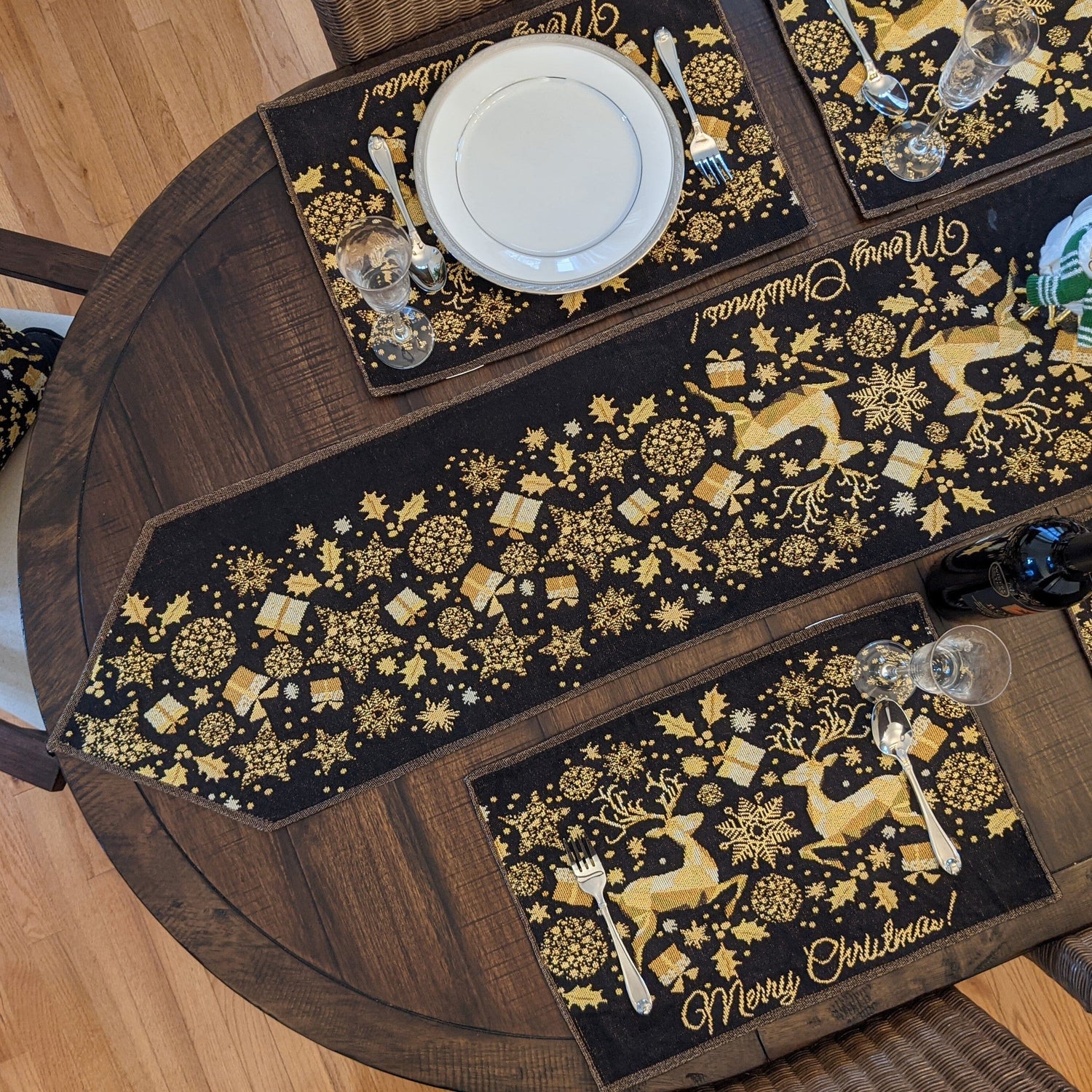 Set of 4-Pieces Magical Golden Reindeer Woven Tapestry Dining Table Placemats 13” x 19”