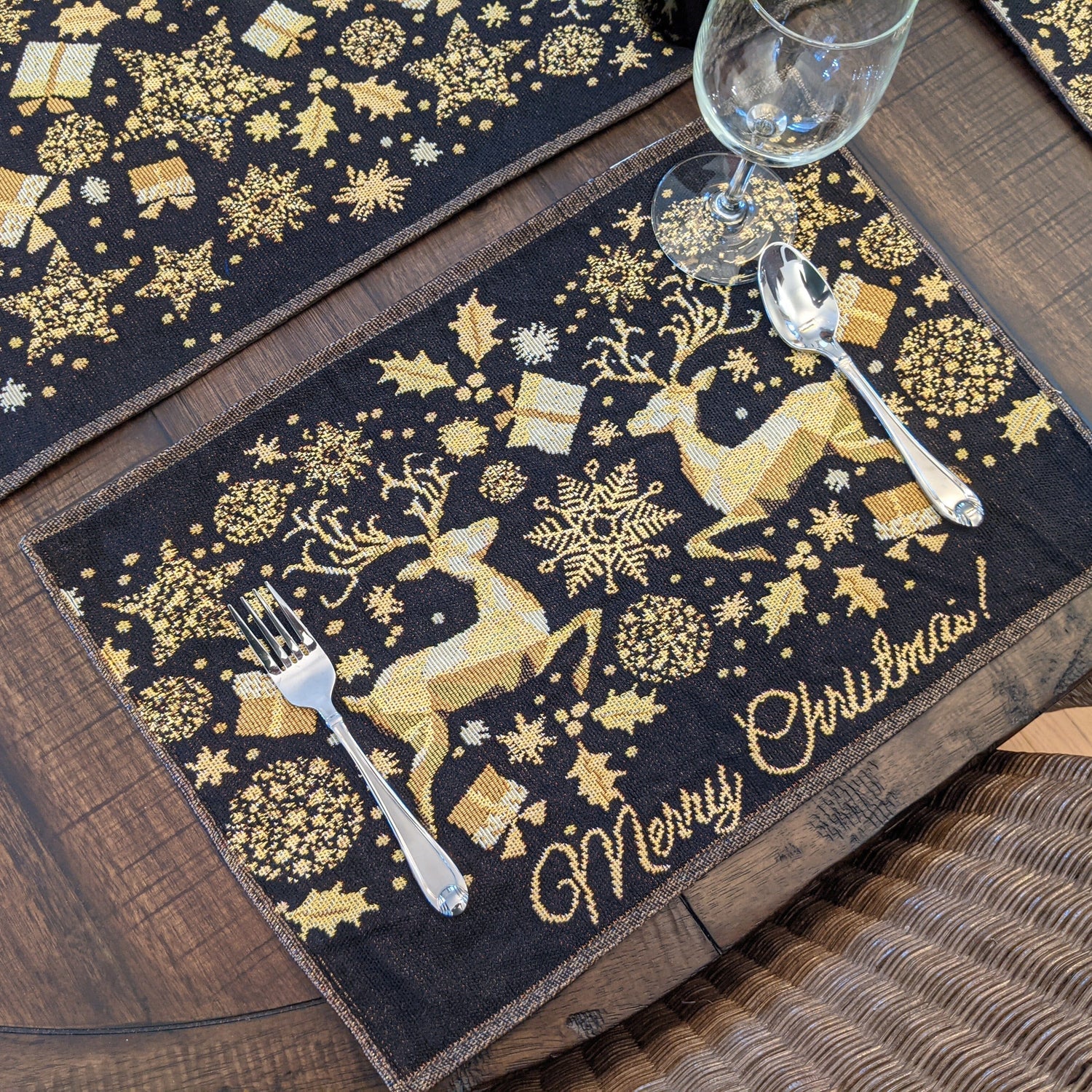 Set of 4-Pieces Magical Golden Reindeer Woven Tapestry Dining Table Placemats 13” x 19”