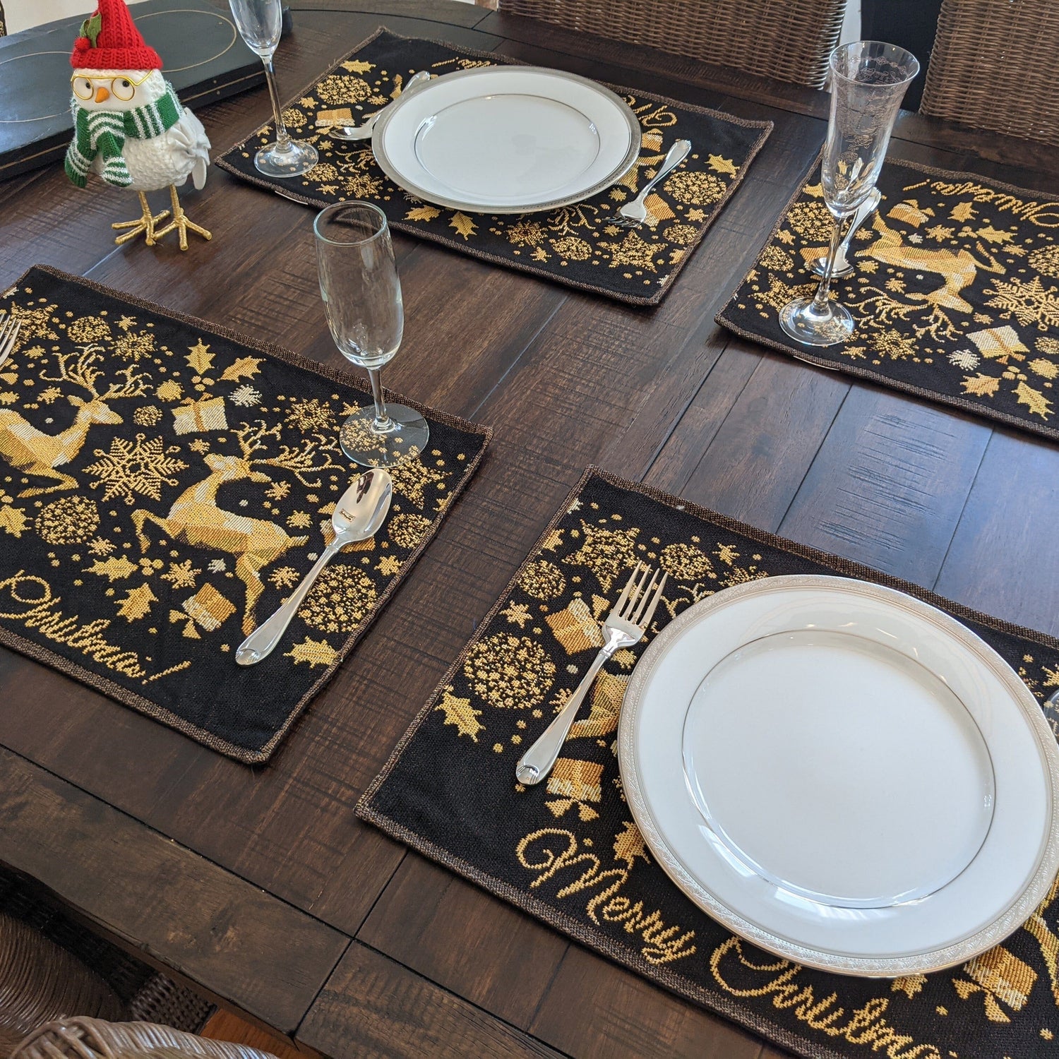 Set of 4-Pieces Magical Golden Reindeer Woven Tapestry Dining Table Placemats 13” x 19”
