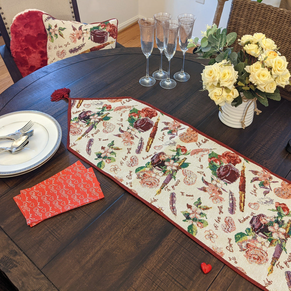 DaDa Bedding Sweet Heart Love Notes Pink Floral Woven Tapestry Dining Table Runner (18273)