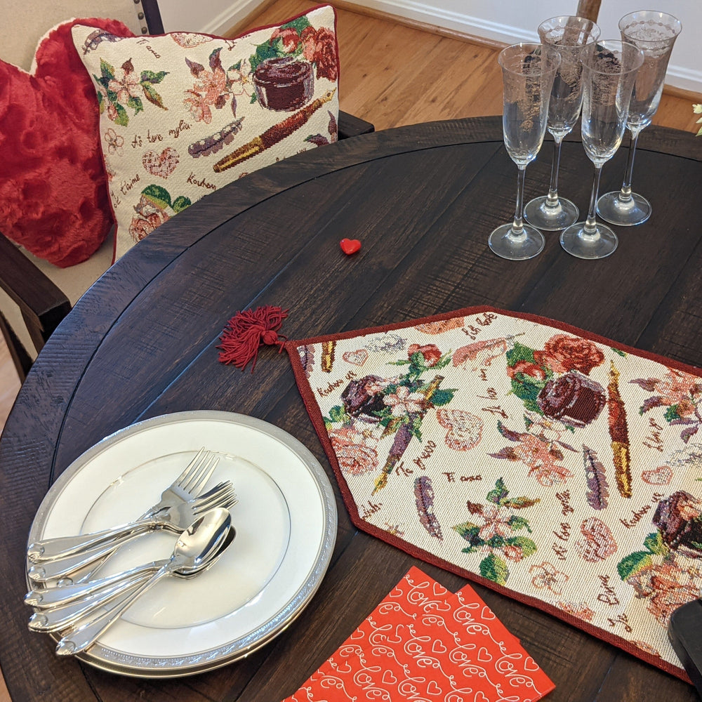 DaDa Bedding Sweet Heart Love Notes Pink Floral Woven Tapestry Dining Table Runner (18273)
