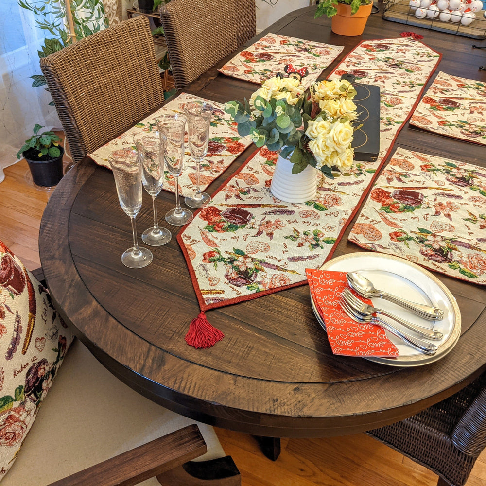DaDa Bedding Sweet Heart Love Notes Pink Floral Woven Tapestry Dining Table Runner (18273)