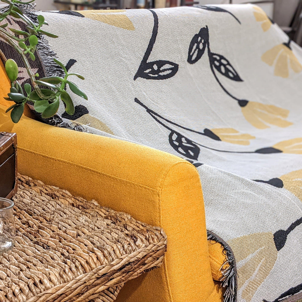 DaDa Bedding Yellow Fleur Botanical Sunshine Golden Floral Woven Tapestry Throw Blanket - 50” x 60” (18112)