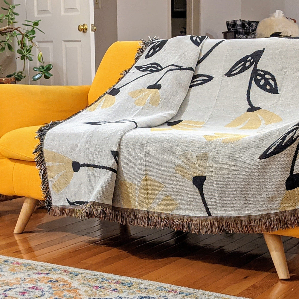 DaDa Bedding Yellow Fleur Botanical Sunshine Golden Floral Woven Tapestry Throw Blanket - 50” x 60” (18112)