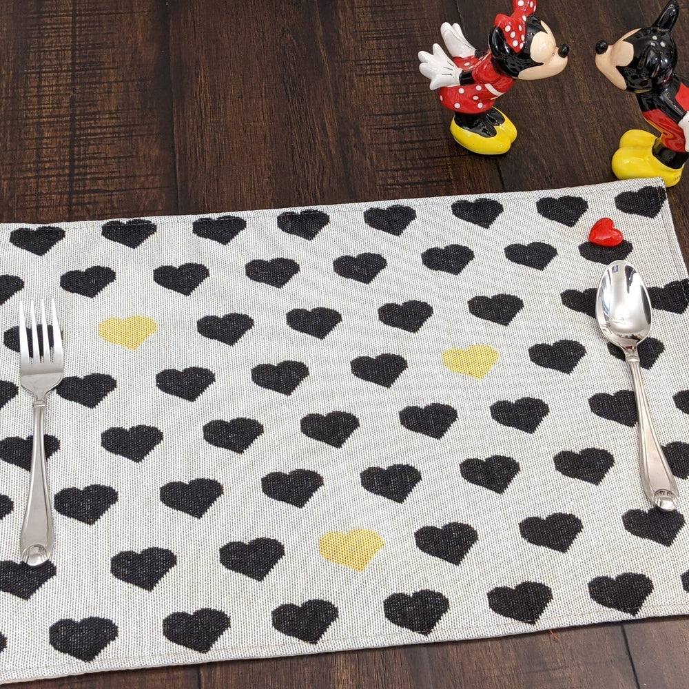 DaDa Bedding Set of 4-Pieces Valentine's day Yellow & Black Hearts Tapestry Dining Table Placemats 13” x 19” (18113)