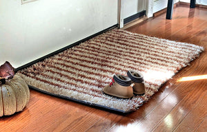 DaDa Bedding Shaggy Soft Door Mat Carpet Rug - 20" x 32" Striped Shiny Coffee Light Beige / Dark Brown