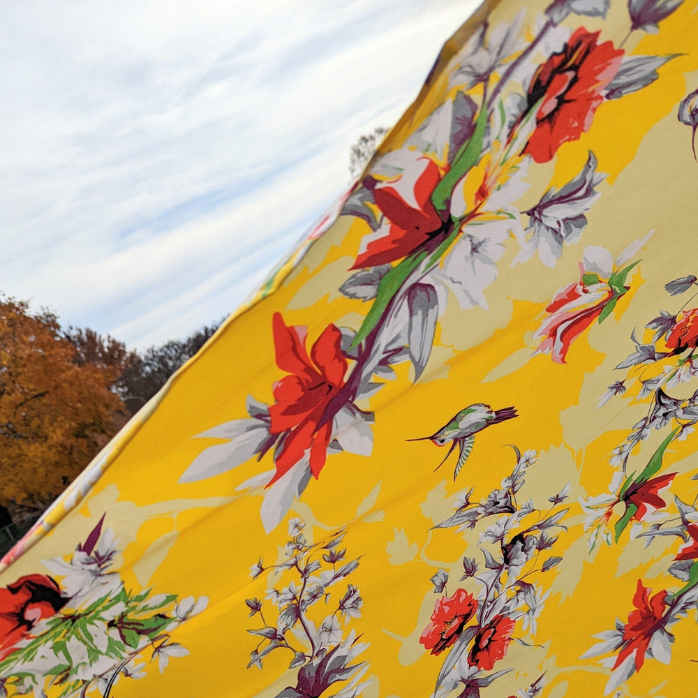 DaDa Bedding Set of 2 Radiant Sunshine Yellow Floral Window Curtain Panels - Natural Semi Sheer Hummingbirds Farmhouse Red Flowers Straight Tailored Edge