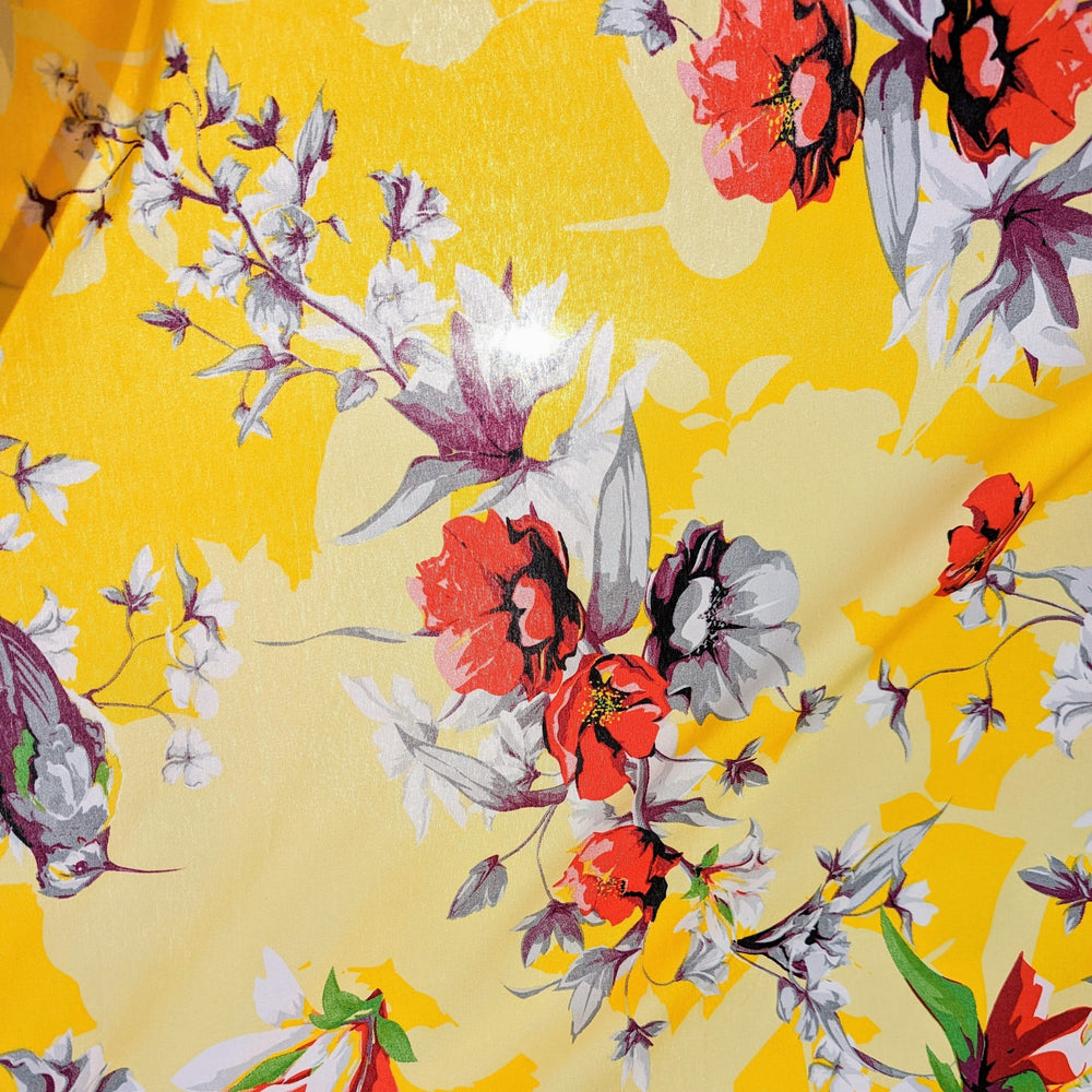 DaDa Bedding Set of 2 Radiant Sunshine Yellow Floral Window Curtain Panels - Natural Semi Sheer Hummingbirds Farmhouse Red Flowers Straight Tailored Edge