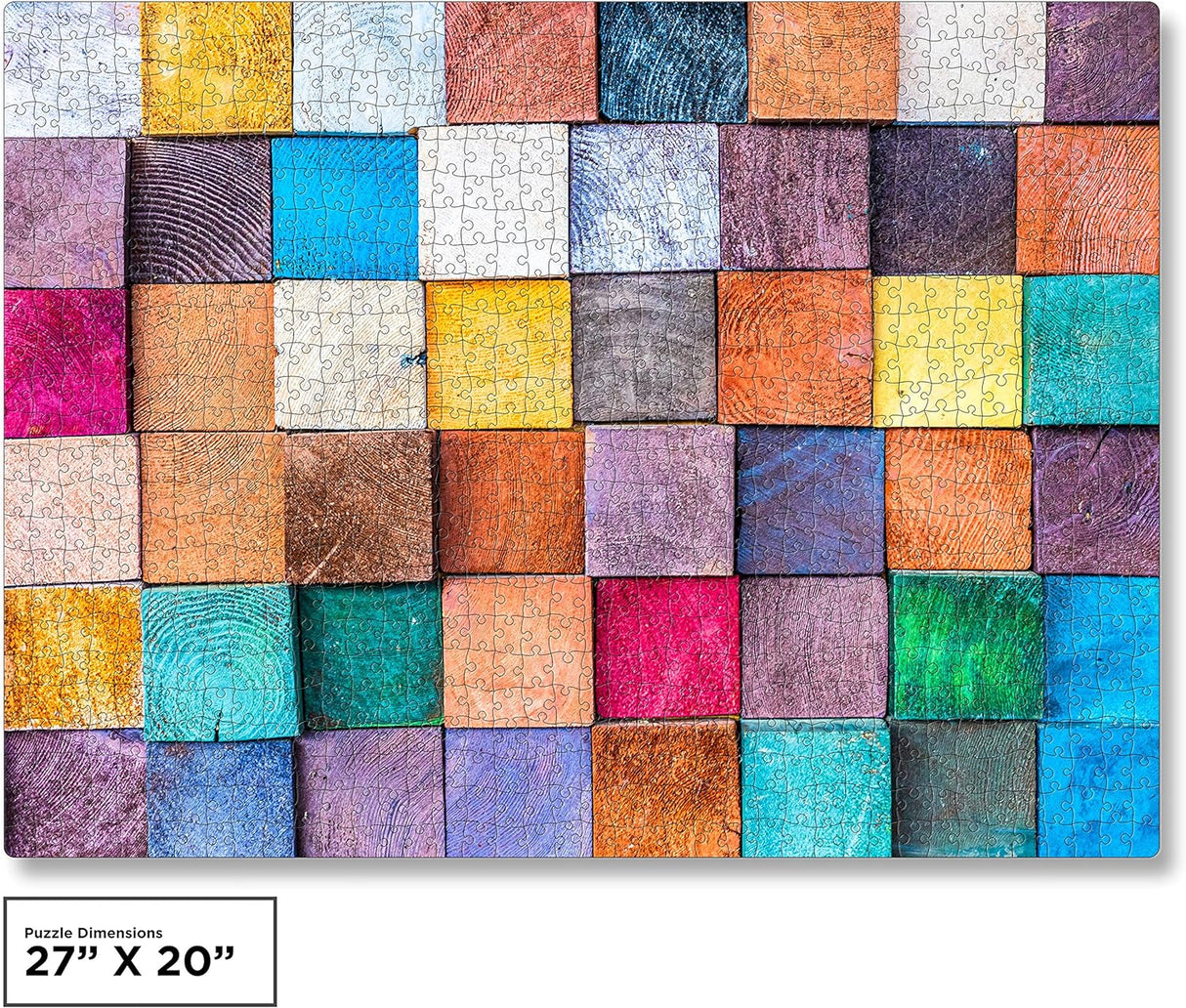 QuizQuirk 1000 Piece Puzzle, Colorful Wooden Blocks Jigsaw Puzzle for Adults/Teens (Puzzle Saver Kit Included)