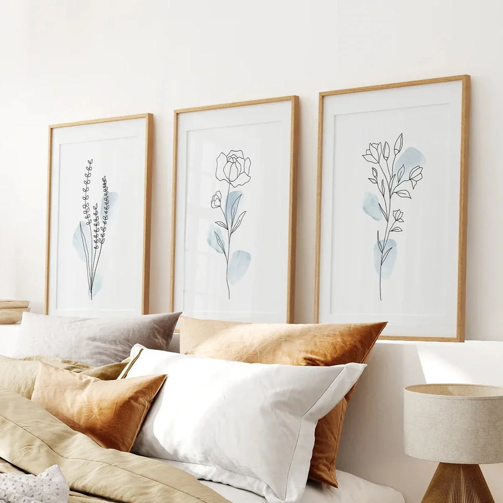 Botanical Line Art Set of 3 Pieces. Pastel Blue Flowers