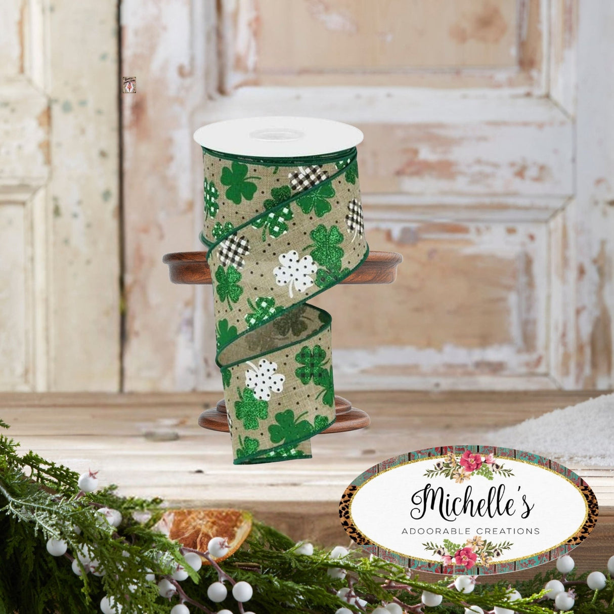 2.5" Pattern Shamrock Ribbon: Light Beige (10 Yards)