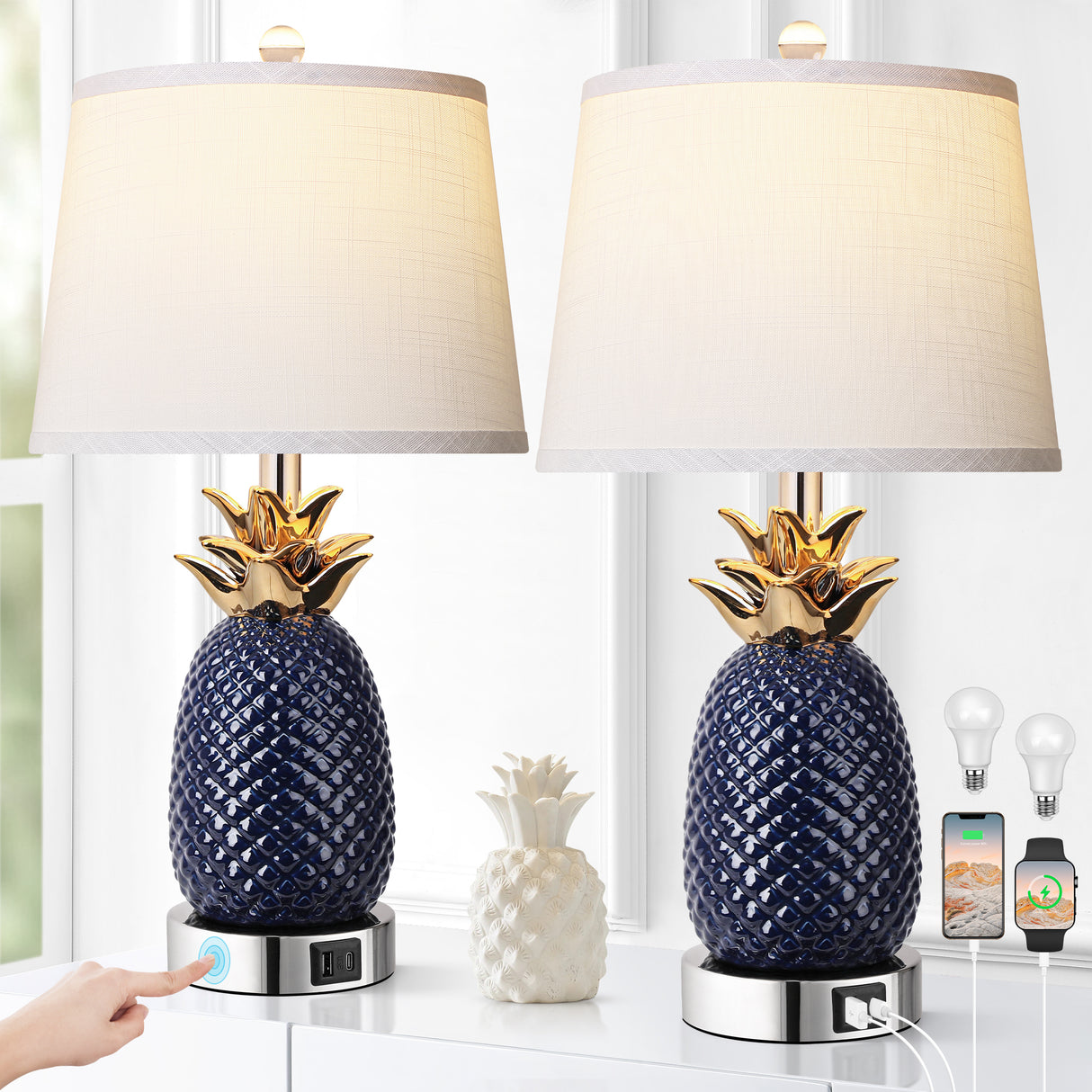 22' Pineapple Table Lamps Set of 2,  Navy Blue