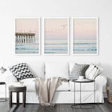 Pink Ocean Sunset Triptych. Wooden Pier, Waves, Seagulls