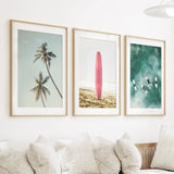 Pink Surfboard Wall Art. Pastel Beach, Waves, Tropical Palms