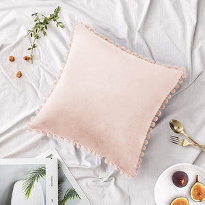 20''x20'' Velvet Pom-Pom Throw Pillow | 7 Colors – Soft & Playful Ball Trim Design | Fun Couch & Bedroom Accent | Insert Included
