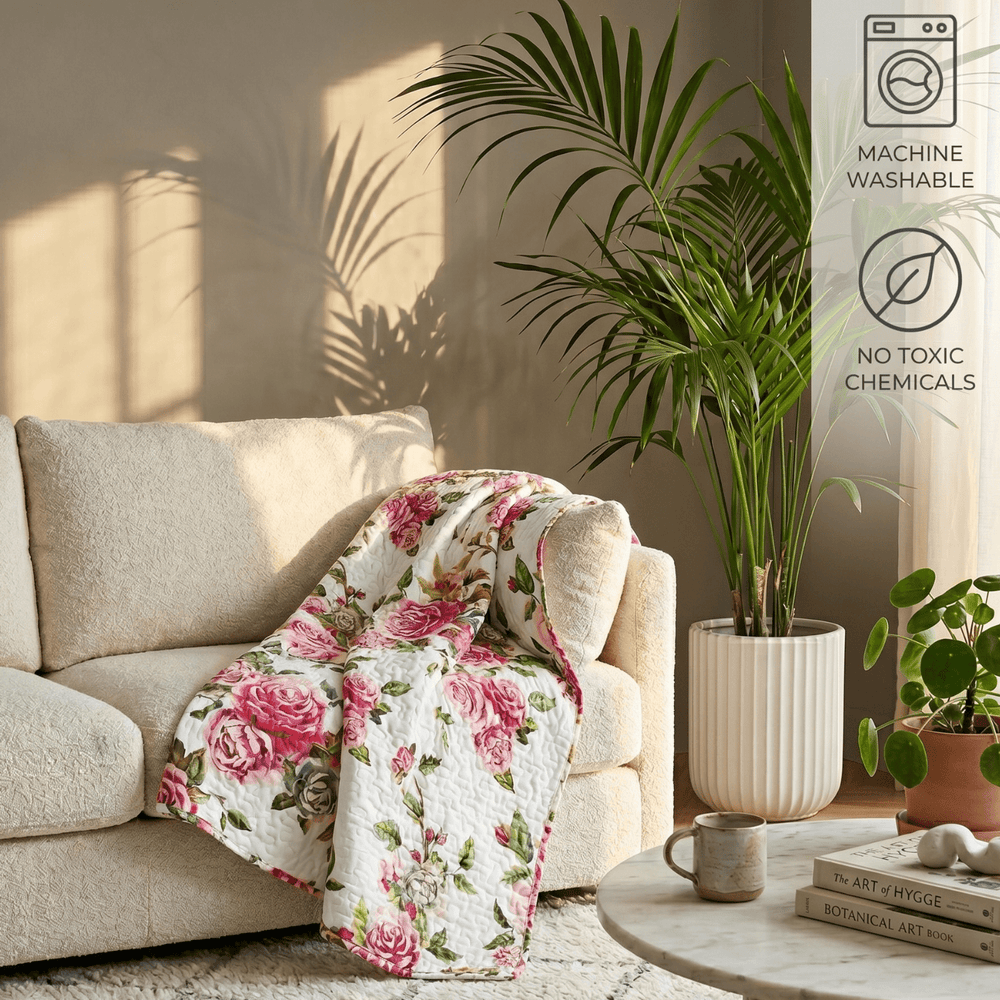 DaDa Bedding Romantic Roses Floral Throw Blanket - Lovely Spring Pink & White Scalloped Colorful Lightweight Breathable - Bright Vibrant Quilted Throw Blanket - 50 x 60