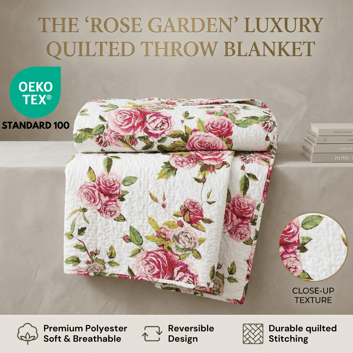 DaDa Bedding Romantic Roses Floral Throw Blanket - Lovely Spring Pink & White Scalloped Colorful Lightweight Breathable - Bright Vibrant Quilted Throw Blanket - 50 x 60