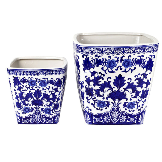 Camellia Square Ceramic Planter – 14" Vintage Floral Design