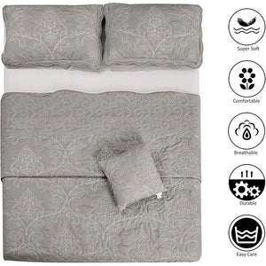Queen size Ash Grey Damask Embroidered 4 Piece Oversized Bedspread Set