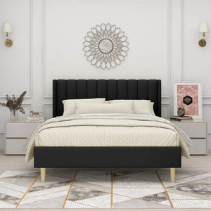 Queen size Mid-Century Black Linen Platform Bed Frame with Upholstered Headboard