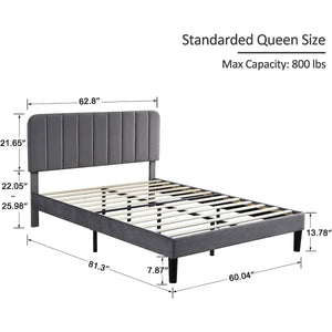 Queen size Dark Grey Upholstered Platform Bed Frame with Headboard