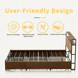 Queen size Platform Bed with Headboard and Storage Drawers in Brown Wood Finish