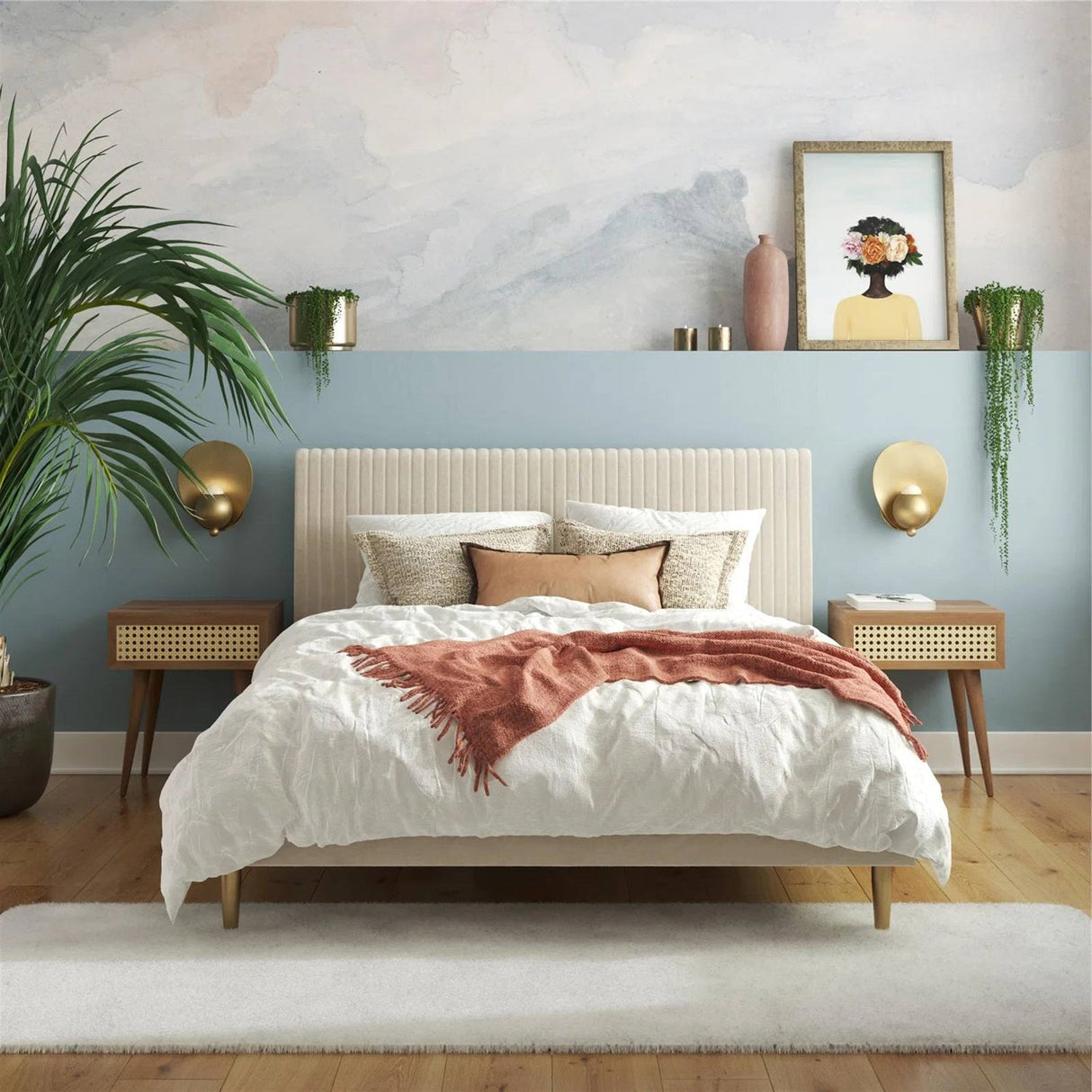Queen Mid-Century Ivory Cream Velvet Upholstered Platform Bed with Headboard