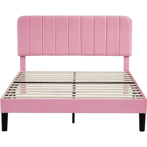 Queen size Pink Upholstered Platform Bed Frame with Headboard