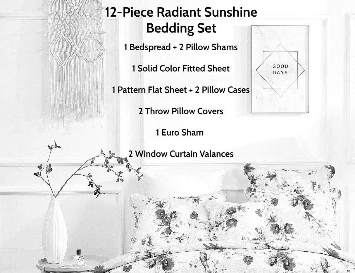 DaDa Bedding Bed in a Bag Bundle Set - Radiant Sunshine Yellow Hummingbirds Floral Bedding Set (JHW-925)