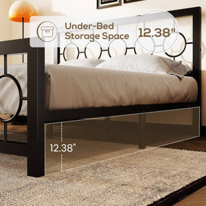 Queen Black Metal Platform Bed Frame with Circle Medallion Headboard Footboard