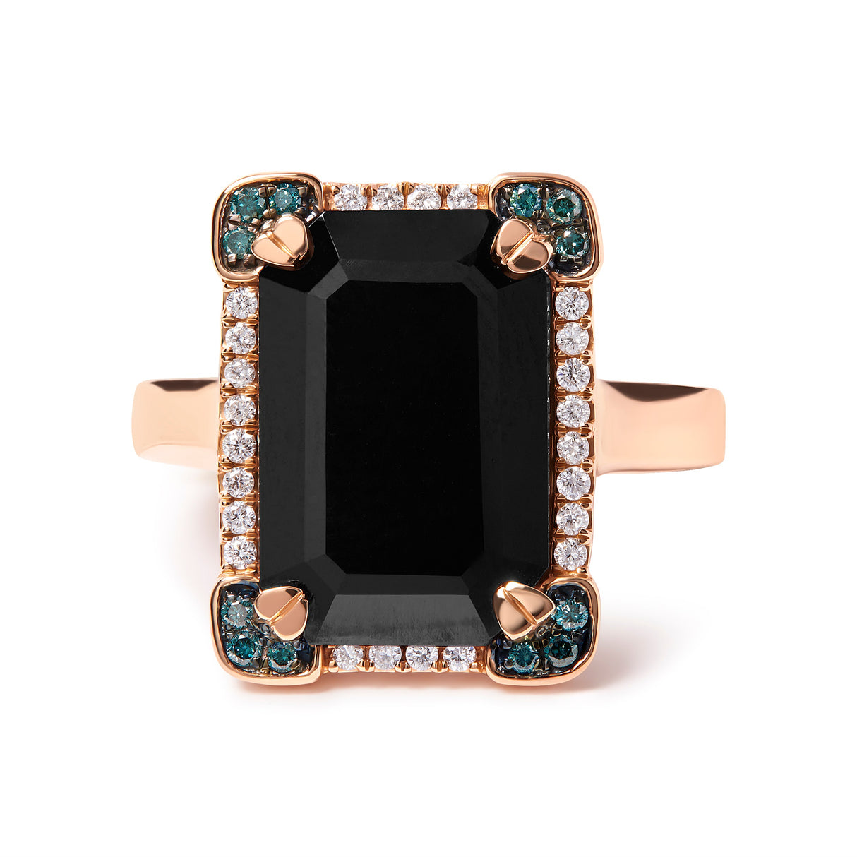 14K Rose Gold 15x10 MM Emerald-Cut Black Onyx and 1/5 Cttw Blue and White Diamond Halo Cocktail Ring (G-H Color, SI1-SI2 Clarity)- Size 7