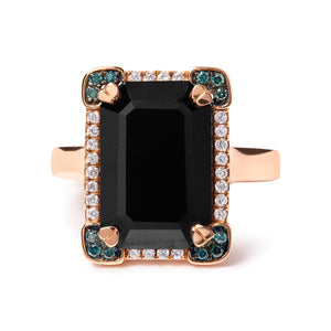 14K Rose Gold 15x10 MM Emerald-Cut Black Onyx and 1/5 Cttw Blue and White Diamond Halo Cocktail Ring (G-H Color, SI1-SI2 Clarity)- Size 7