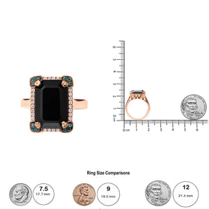 14K Rose Gold 15x10 MM Emerald-Cut Black Onyx and 1/5 Cttw Blue and White Diamond Halo Cocktail Ring (G-H Color, SI1-SI2 Clarity)- Size 7