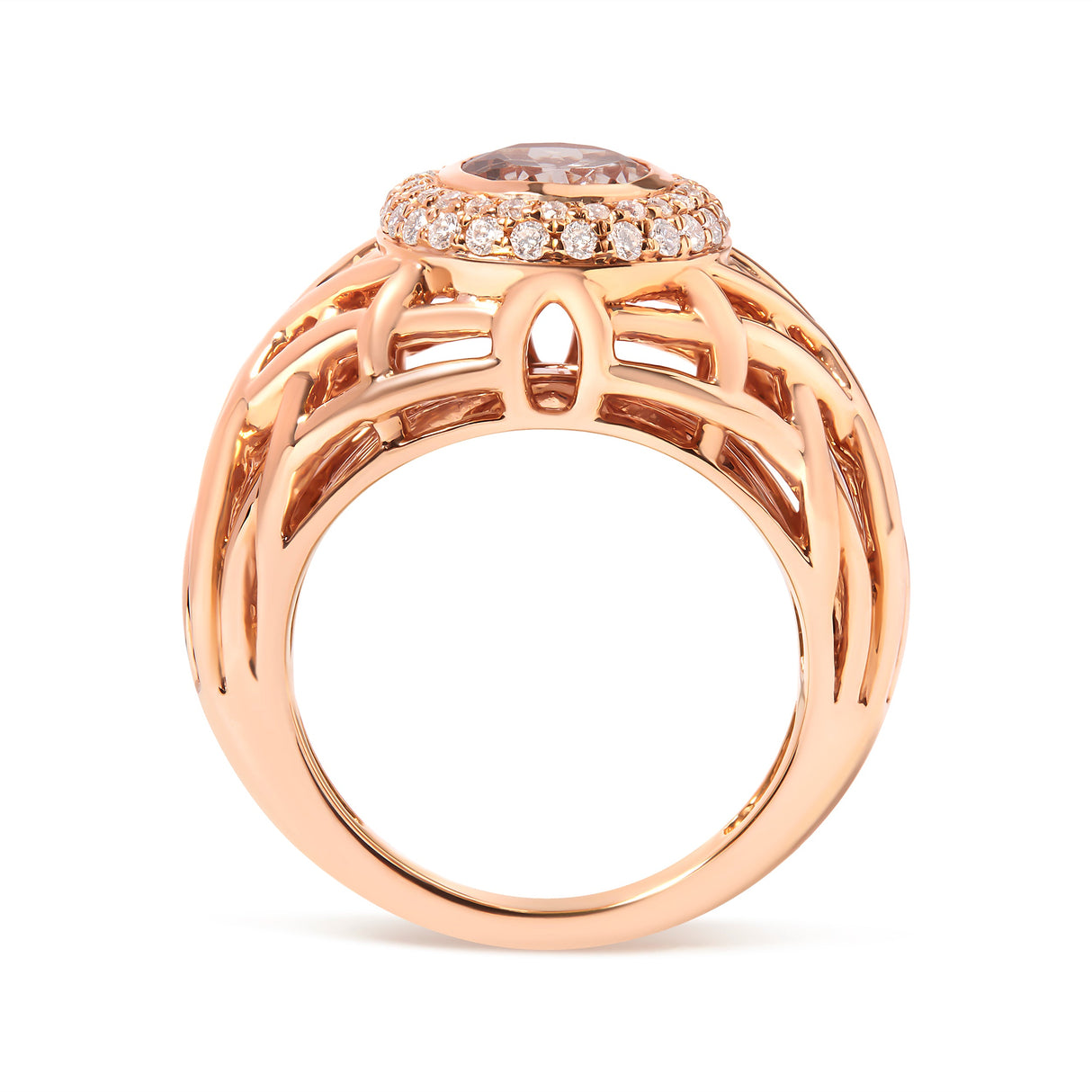 14K Rose Gold Oval Cut Light Pink Morganite and 3/8 Cttw Diamonds Halo and Basket Weave Cocktail Ring (G-H Color, SI1-SI2 Clarity) - Size 7