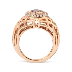 14K Rose Gold Oval Cut Light Pink Morganite and 3/8 Cttw Diamonds Halo and Basket Weave Cocktail Ring (G-H Color, SI1-SI2 Clarity) - Size 7
