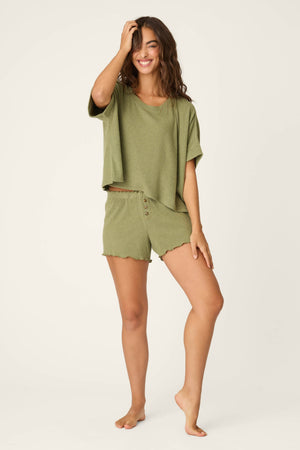 Soft Olive Rib Knit Short Sleeve Lounge Top