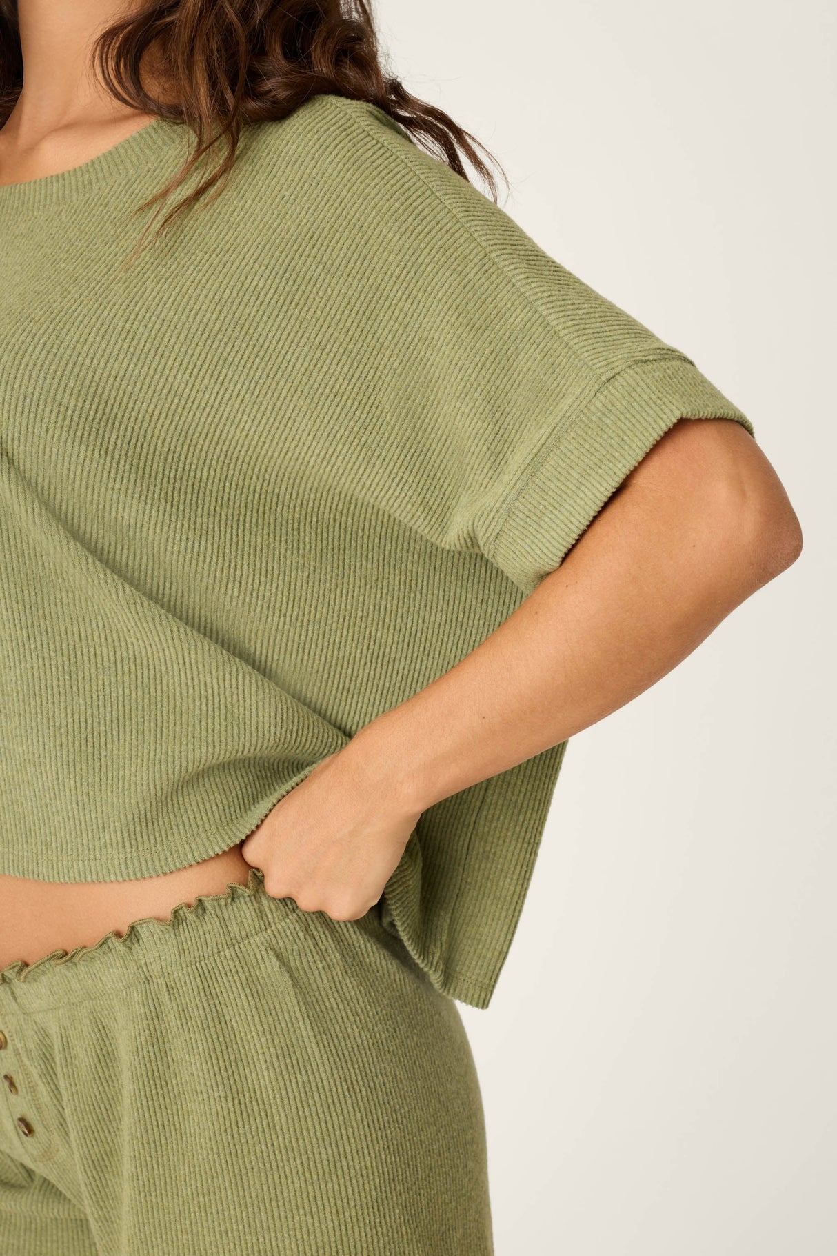 Soft Olive Rib Knit Short Sleeve Lounge Top
