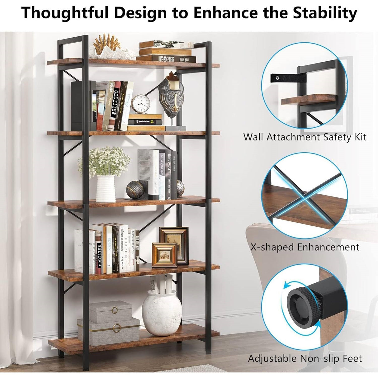 Modern Industrial 5-Shelf Bookcase with Sturdy Metal Frame and Wooden Shelves