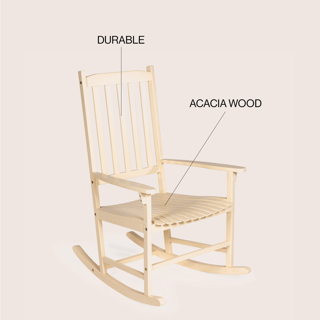Seagrove farmhouse acacia wood outdoor rocking chair with slat-back support